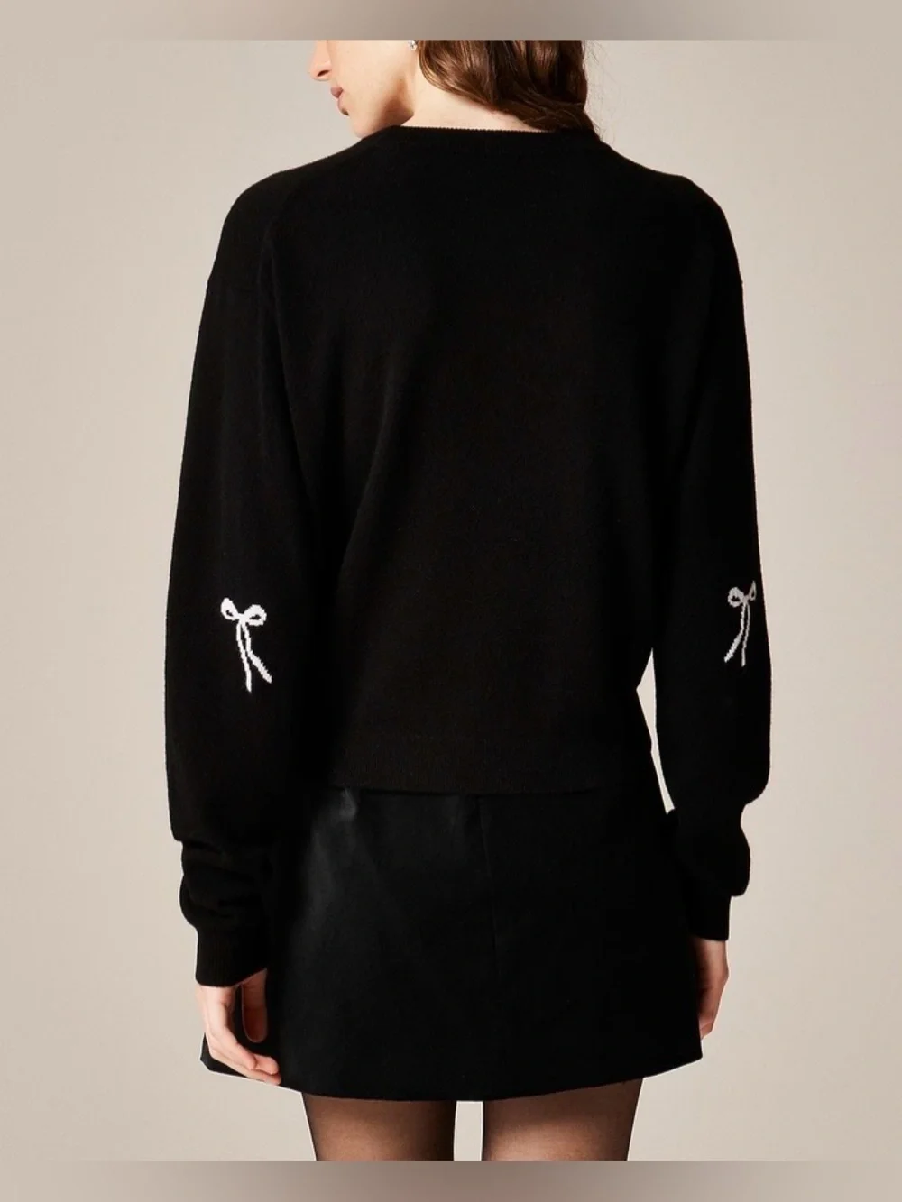 NEW J. Crew Perfect cashmere crewneck sweater black ivory bows print XS CO585